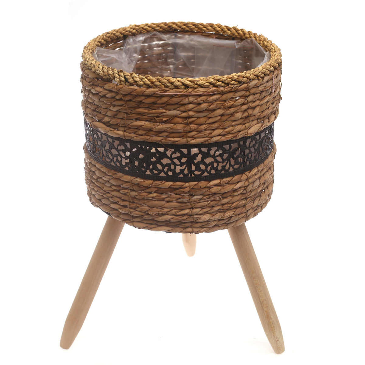 Medium Handwoven Natural Fiber Planter with Wooden Stand – Black Accent | 10 x 10 x 8.5 Inch - Habitt
