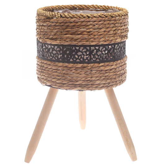 Medium Handwoven Natural Fiber Planter with Wooden Stand – Black Accent | 10 x 10 x 8.5 Inch - Habitt
