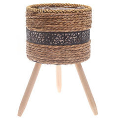 Medium Handwoven Natural Fiber Planter with Wooden Stand – Black Accent | 10 x 10 x 8.5 Inch - Habitt