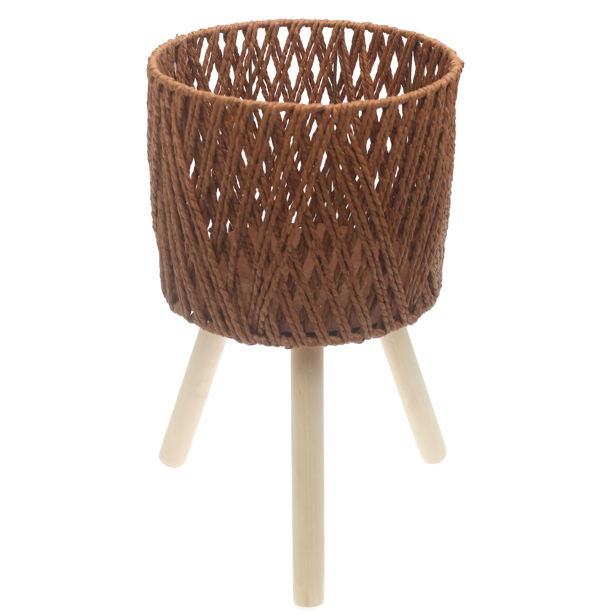 Medium Brown Woven Planter with Wooden Stand – 10 x 8 Inch - Habitt