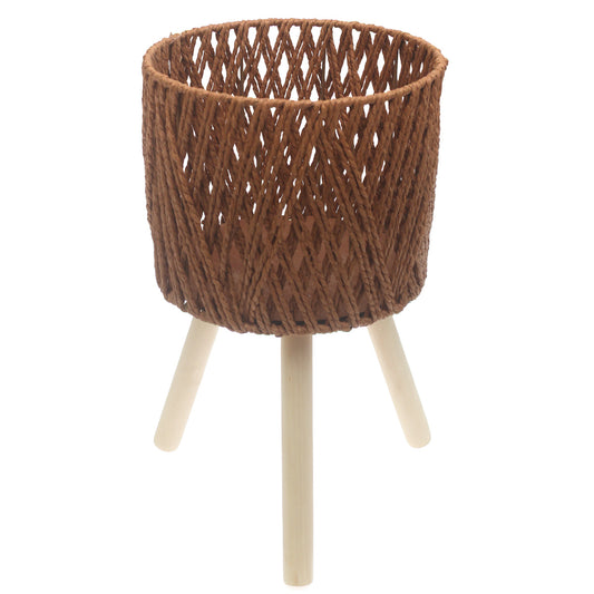 Medium Brown Woven Planter with Wooden Stand – 10 x 8 Inch - Habitt