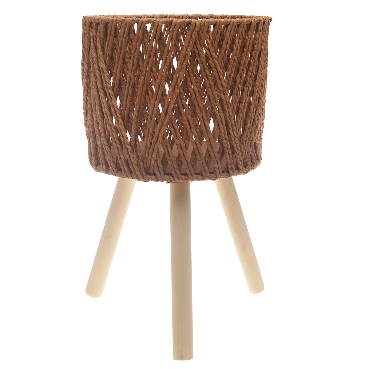 Medium Brown Woven Planter with Wooden Stand – 10 x 8 Inch - Habitt