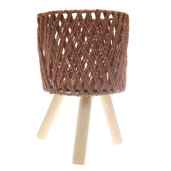 Planter Small BrownSmall Brown Woven Planter with Wooden Stand – 8.5 x 8.5 x 7.5 Inch - Habitt