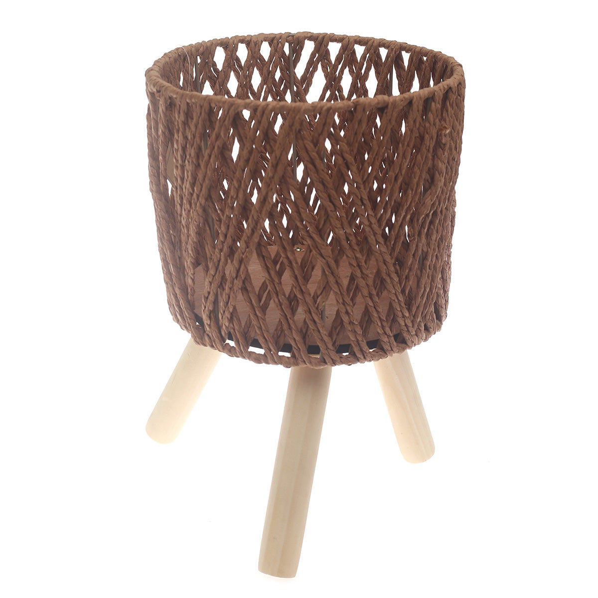 Planter Small BrownSmall Brown Woven Planter with Wooden Stand – 8.5 x 8.5 x 7.5 Inch - Habitt