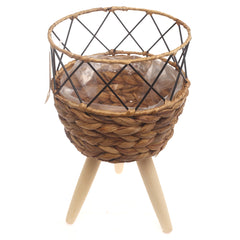 Small Natural Handwoven Planter with Wooden Stand – Open Metal Design | 8 x 8 Inch - Habitt