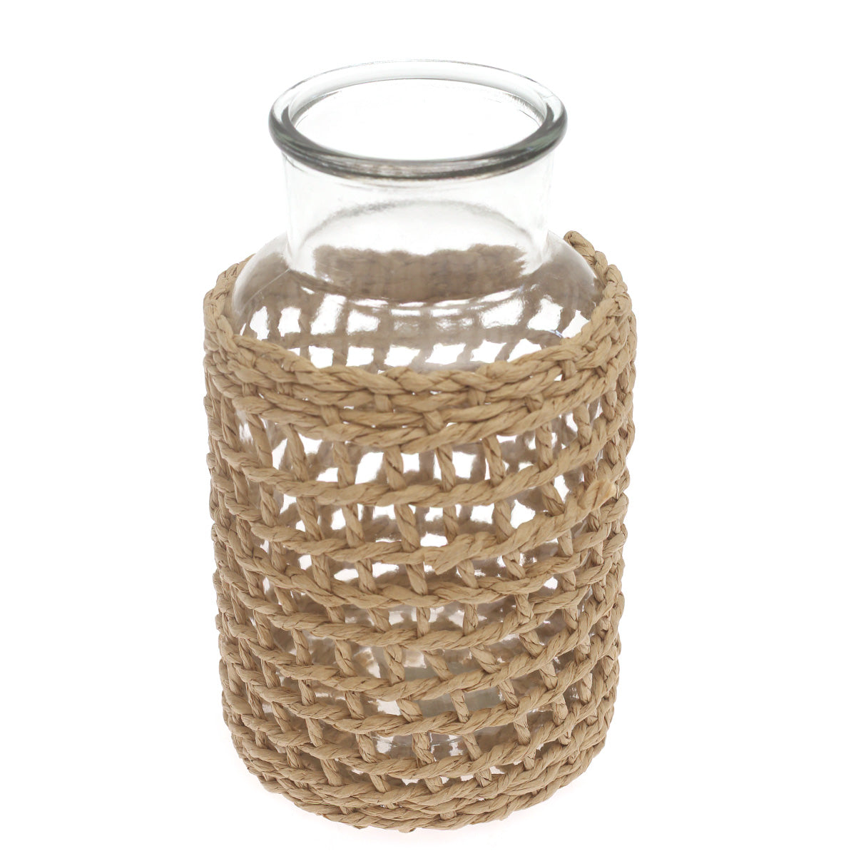 Transparent Glass Vase with Handwoven Natural Fiber Wrap – 10 Inch Height - Habitt