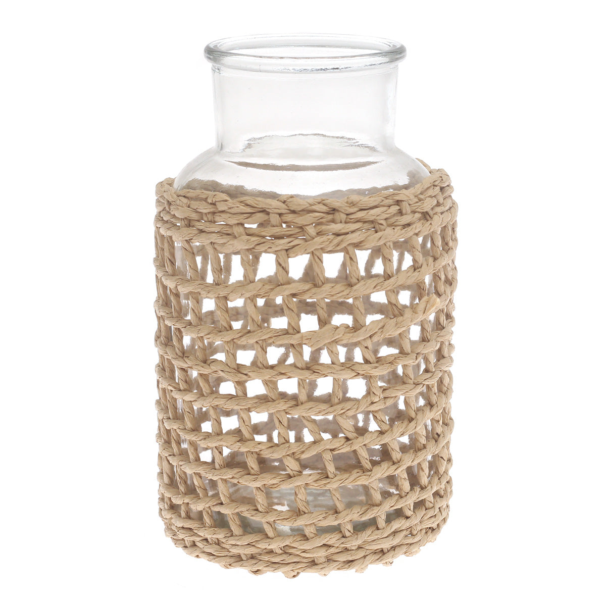 Transparent Glass Vase with Handwoven Natural Fiber Wrap – 10 Inch Height - Habitt