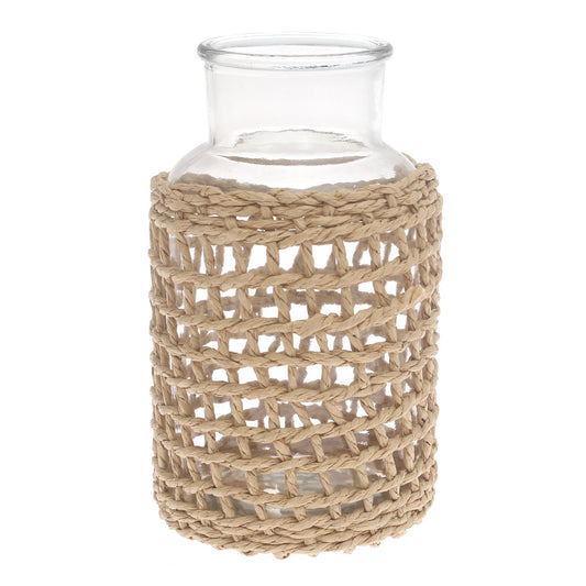 Transparent Glass Vase with Handwoven Natural Fiber Wrap – 10 Inch Height - Habitt