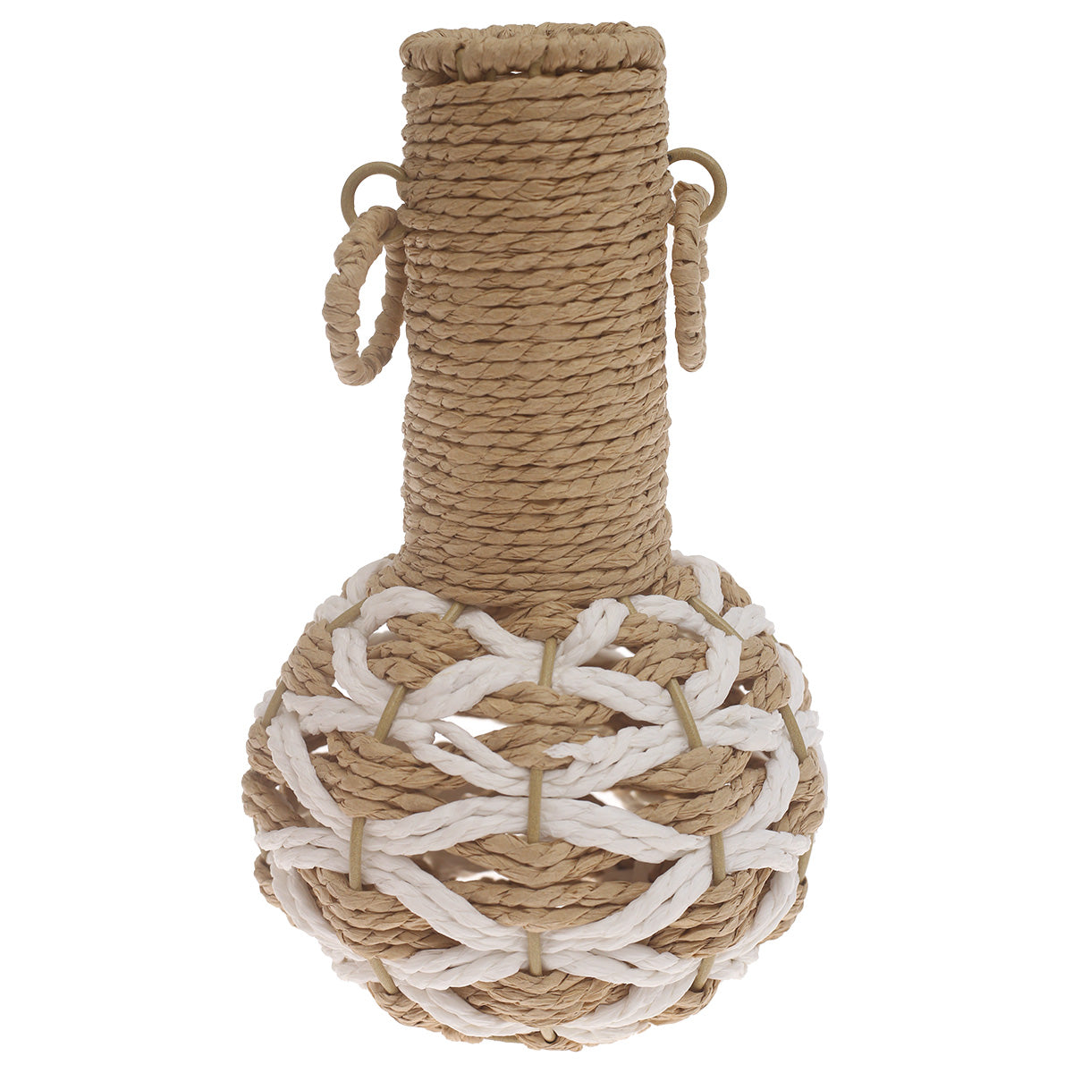 White & Natural Handwoven Decorative Vase with Rope Detailing – 10 Inch Height - Habitt