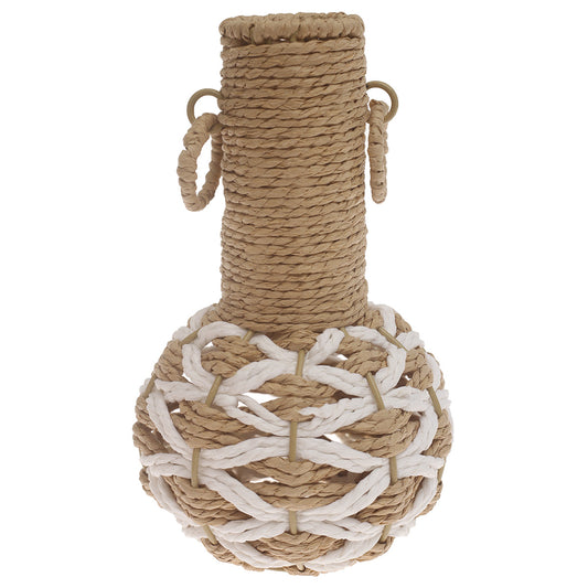 White & Natural Handwoven Decorative Vase with Rope Detailing – 10 Inch Height - Habitt