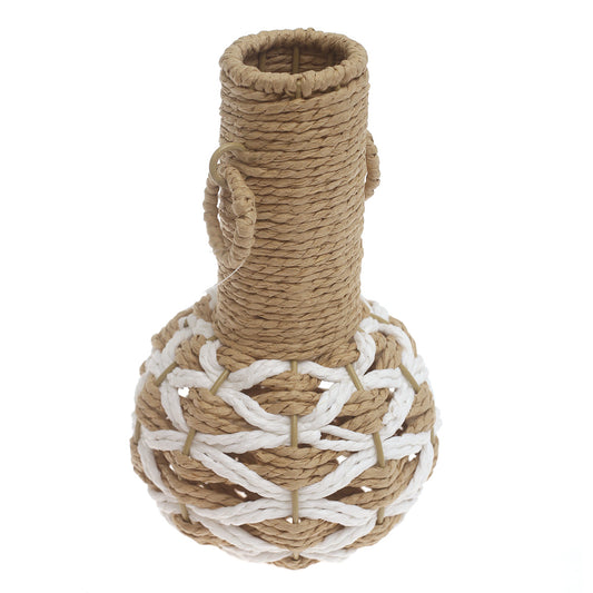 White & Natural Handwoven Decorative Vase with Rope Detailing – 10 Inch Height - Habitt