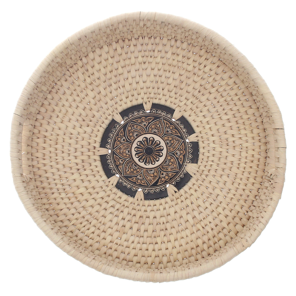Handwoven Round Basket with Mandala Design – Natural Storage & Serving Tray (2.5x14 in) - Habitt
