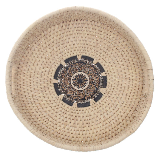 Handwoven Round Basket with Mandala Design – Natural Storage & Serving Tray (2.5x14 in) - Habitt