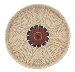 Handwoven Round Basket with Red Mandala Design – Natural Storage & Serving Tray (2.5x14 in) - Habitt