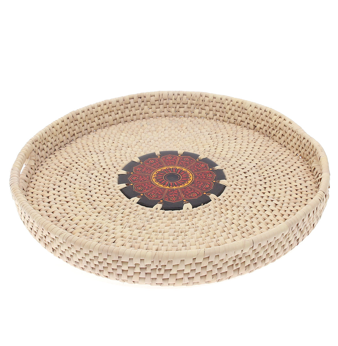 Handwoven Round Basket with Red Mandala Design – Natural Storage & Serving Tray (2.5x14 in) - Habitt