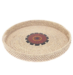 Handwoven Round Basket with Red Mandala Design – Natural Storage & Serving Tray (2.5x14 in) - Habitt