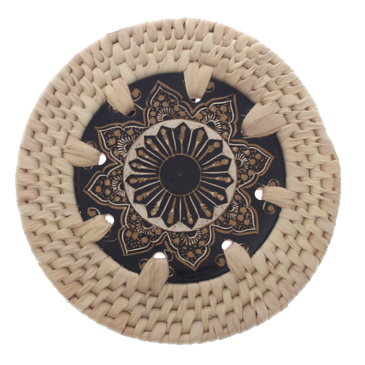 Handwoven Coaster with Black & Gold Mandala Design – Set of 6 (UC-B-40) - Habitt