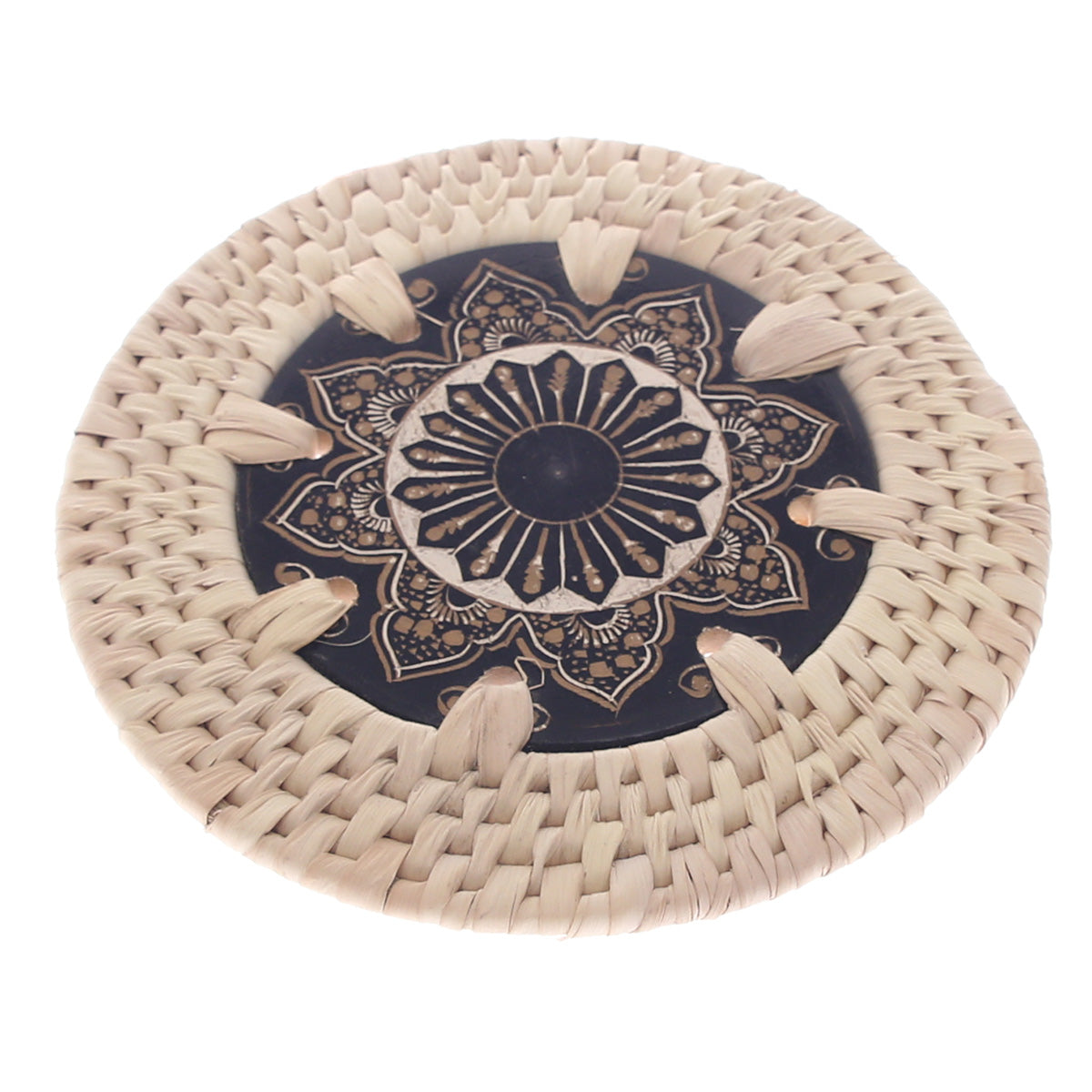 Handwoven Coaster with Black & Gold Mandala Design – Set of 6 (UC-B-40) - Habitt