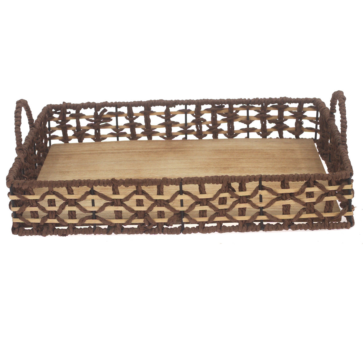 Large Handwoven Brown Decorative Tray with Wooden Base & Handles – 12 x 16 Inch - Habitt
