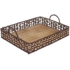 Large Handwoven Brown Decorative Tray with Wooden Base & Handles – 12 x 16 Inch - Habitt