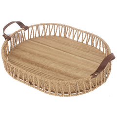 Large Handwoven Natural Decorative Tray with Wooden Base & Leather Handles – 12 x 16 Inch - Habitt