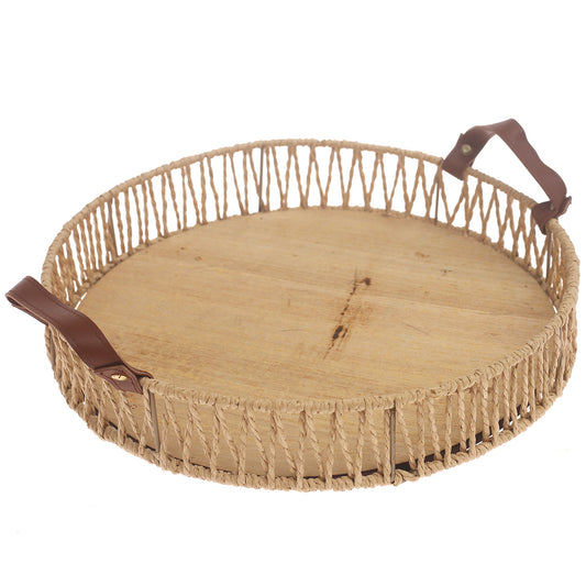 Large Handwoven Natural Decorative Tray with Wooden Base & Leather Handles – 13 Inch - Habitt