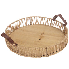 Large Handwoven Natural Decorative Tray with Wooden Base & Leather Handles – 13 Inch - Habitt