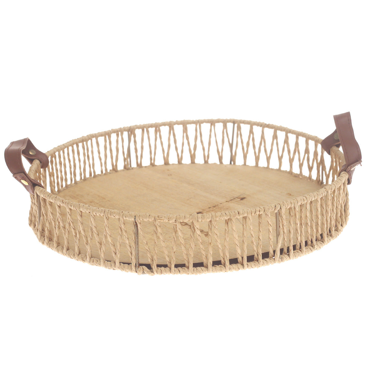 Large Handwoven Natural Decorative Tray with Wooden Base & Leather Handles – 13 Inch - Habitt