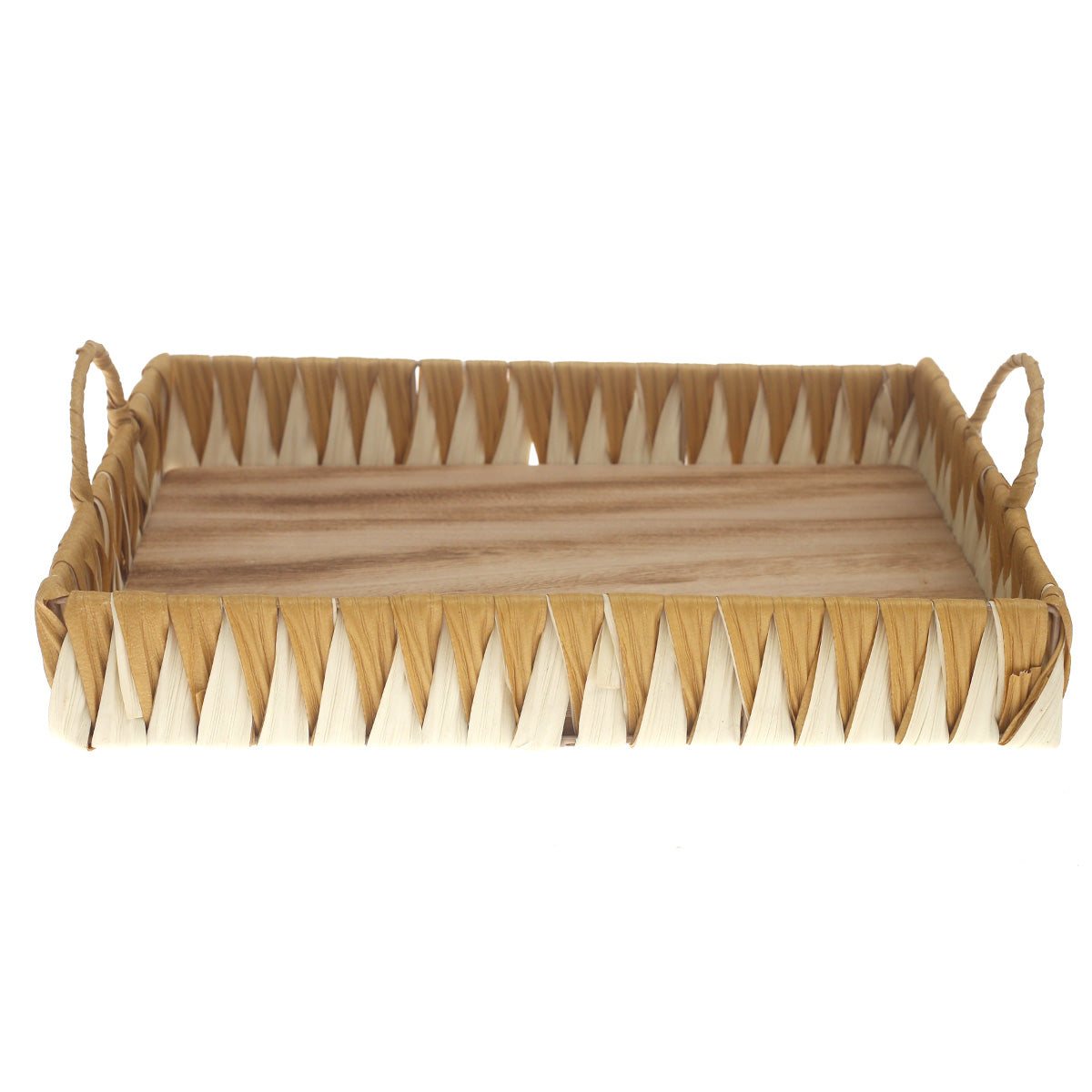 Large Handwoven White & Yellow Decorative Tray with Wooden Base – 12 x 16 Inch - Habitt