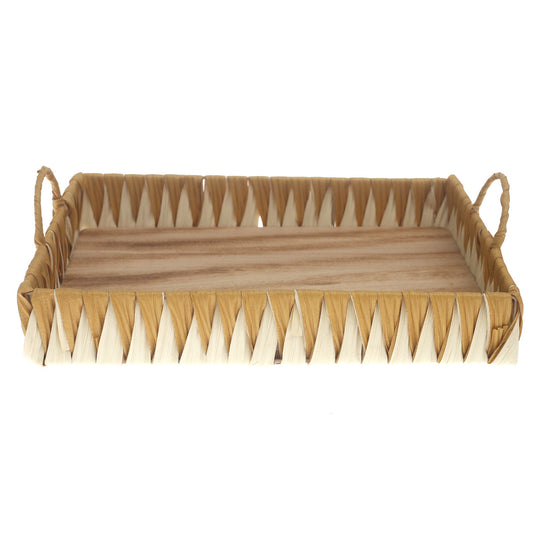 Large Handwoven White & Yellow Decorative Tray with Wooden Base – 12 x 16 Inch - Habitt