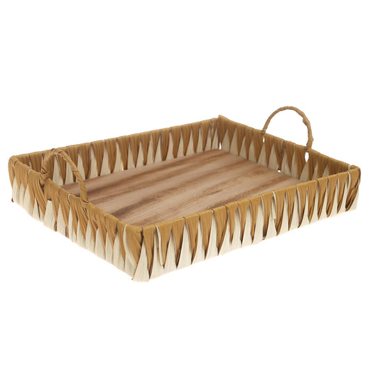 Large Handwoven White & Yellow Decorative Tray with Wooden Base – 12 x 16 Inch - Habitt