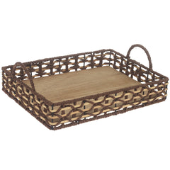 Small Handwoven Brown Decorative Tray with Wooden Base & Handles – 10 x 14 Inch - Habitt