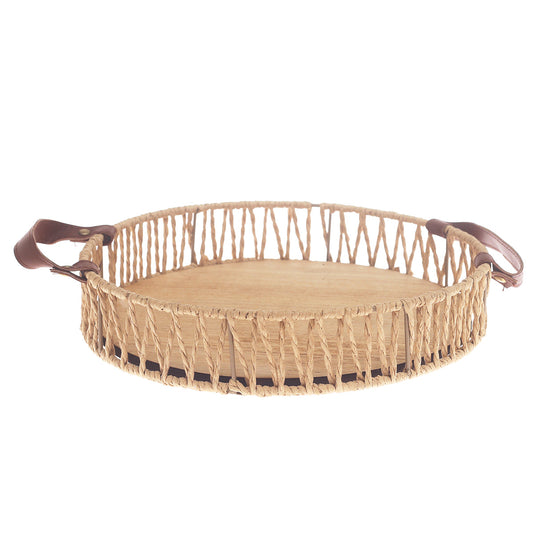 Small Handwoven Natural Decorative Tray with Wooden Base & Leather Handles – 11.5 Inch - Habitt
