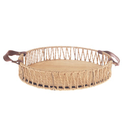 Small Handwoven Natural Decorative Tray with Wooden Base & Leather Handles – 11.5 Inch - Habitt