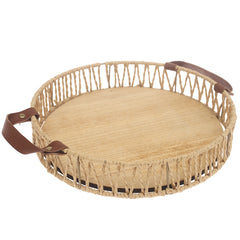 Small Handwoven Natural Decorative Tray with Wooden Base & Leather Handles – 11.5 Inch - Habitt
