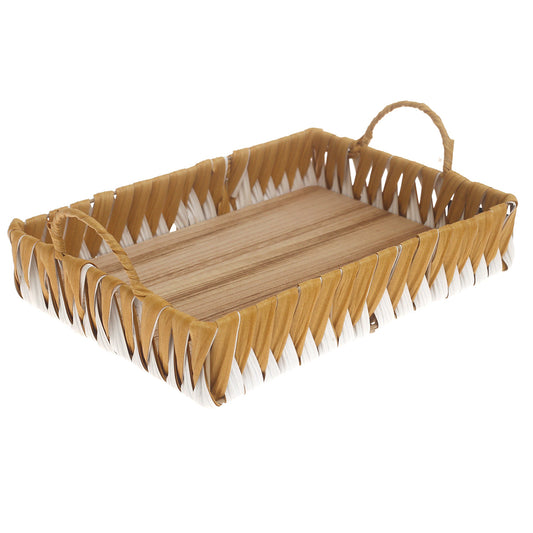 Tray Small White & Yellow – Handwoven Decorative Serving Tray (10 x 14 Inch) - Habitt