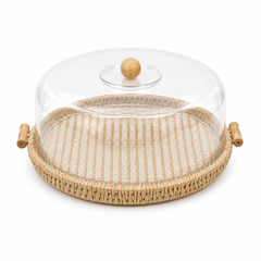 Round Brown Cake Dish with Clear Dome Cover & Woven Base – Small