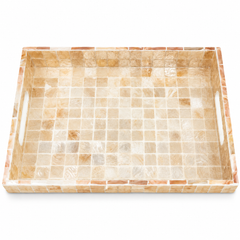 Medium Beige Mother of Pearl Decorative Tray – Rectangular Mosaic Tray with Handles