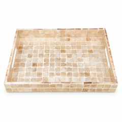 Medium Beige Mother of Pearl Decorative Tray – Rectangular Mosaic Tray with Handles