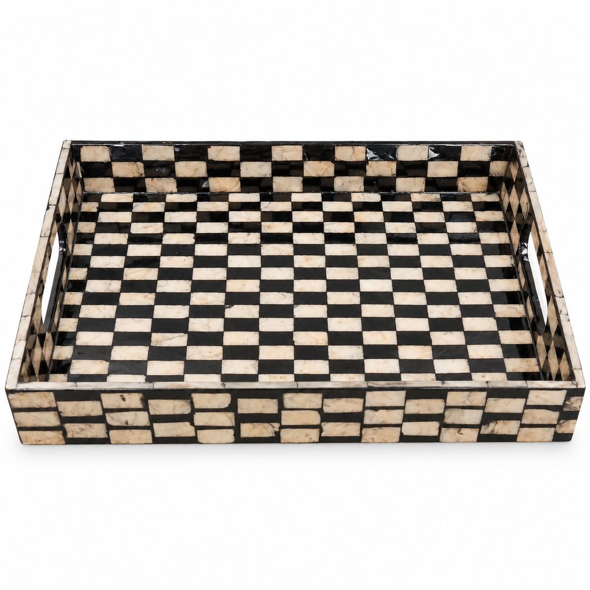Medium Black Mother of Pearl Decorative Tray – Checkered Mosaic Tray with Handles