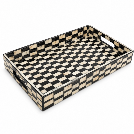Medium Black Mother of Pearl Decorative Tray – Checkered Mosaic Tray with Handles