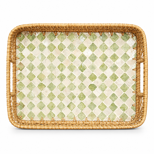 Small Mother of Pearl Decorative Tray with Woven Rattan Frame