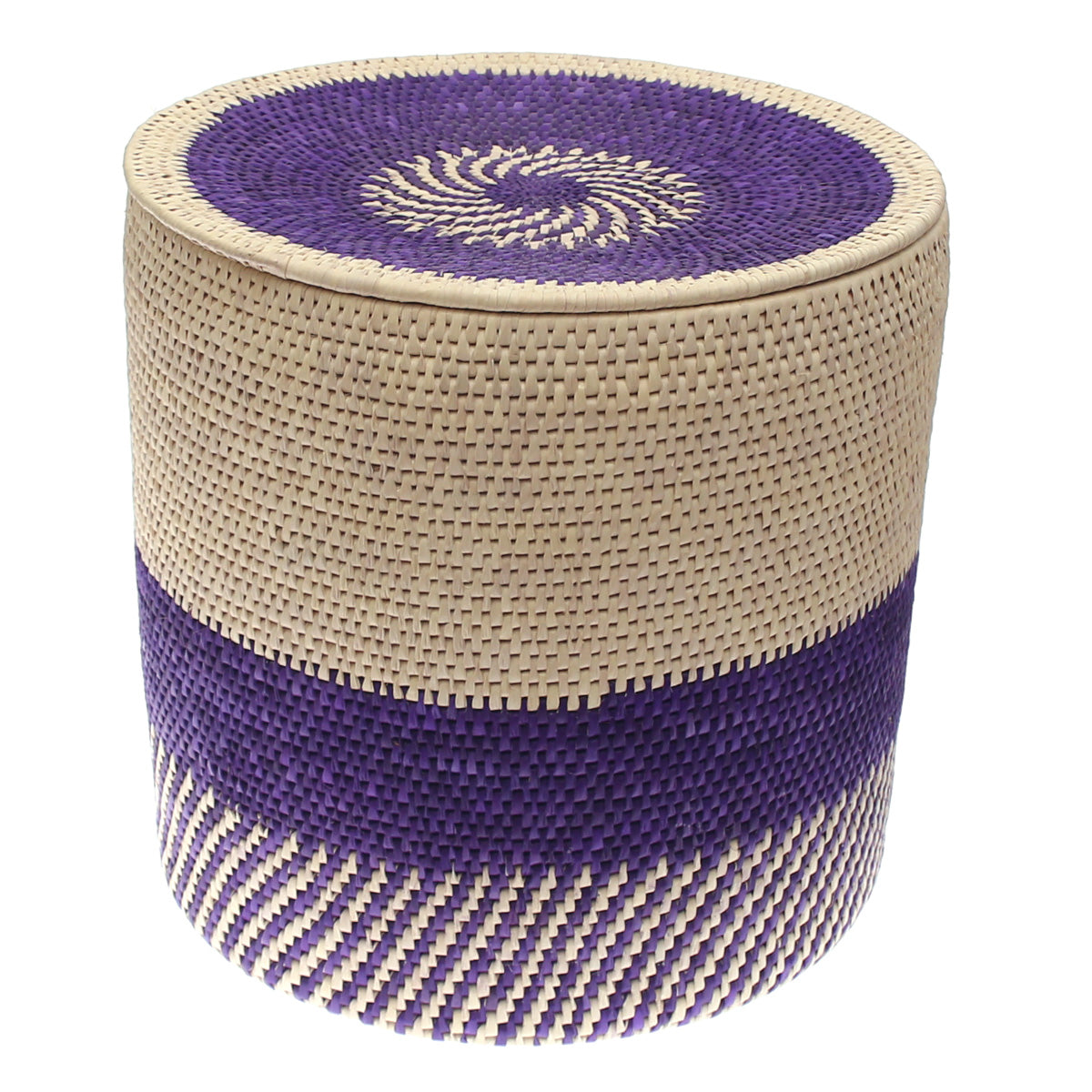 Handwoven Laundry Basket with Lid – Purple & Natural Circular Design (20x20 in, UC-B-15) - Habitt