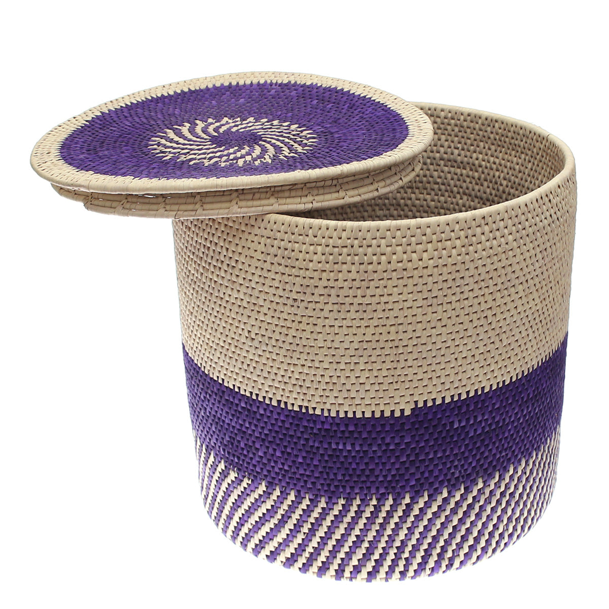 Handwoven Laundry Basket with Lid – Purple & Natural Circular Design (20x20 in, UC-B-15) - Habitt