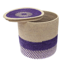 Handwoven Laundry Basket with Lid – Purple & Natural Circular Design (20x20 in, UC-B-15) - Habitt