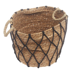 Large Woven Storage Basket with Black Rope Detail – 12 x 12 x 10 Inch - Habitt