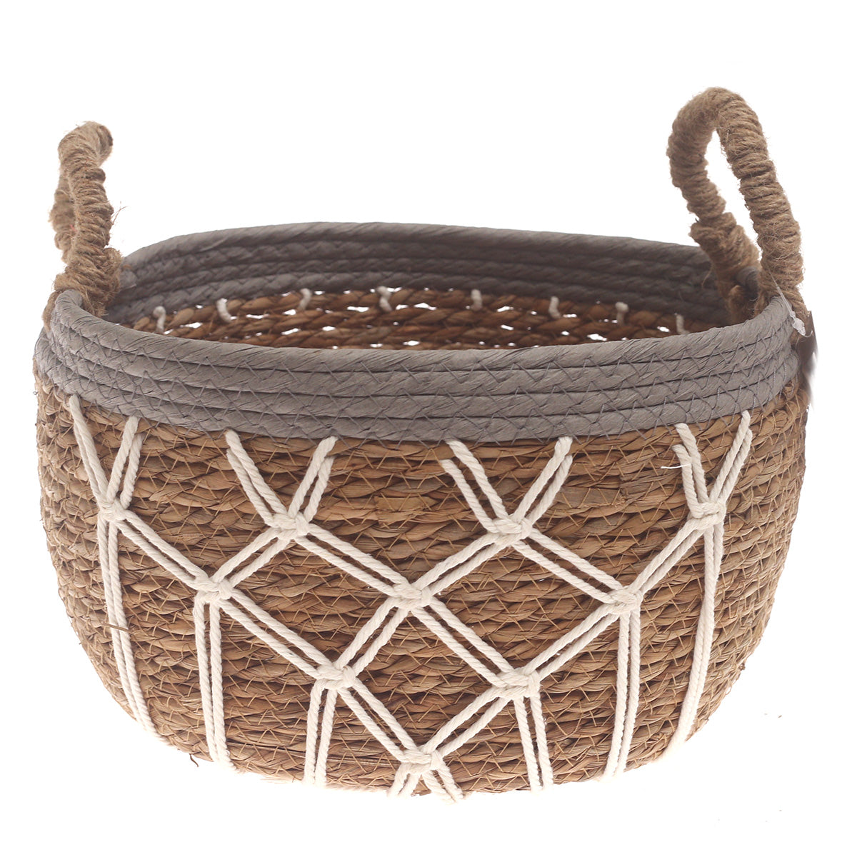 Large Woven Storage Basket Grey & White Rope Detail – 11 x 7.5 Inch - Habitt