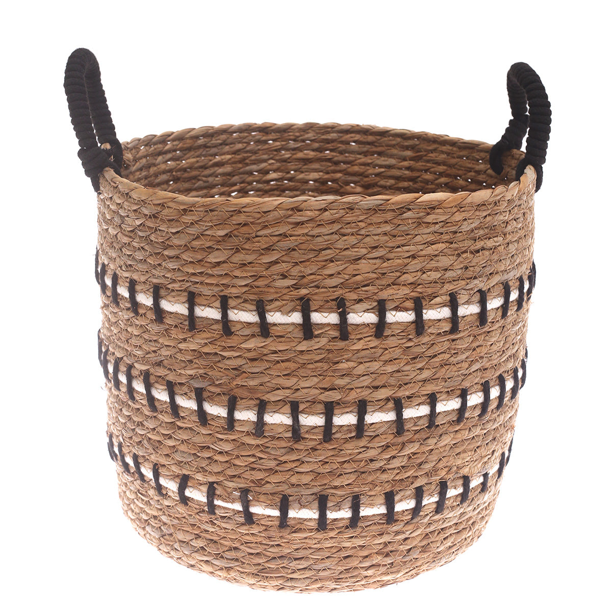 Large Natural Woven Storage Basket with Black & White Stripe Detail – 13.5 x 13.5 x 11.5 Inch - Habitt