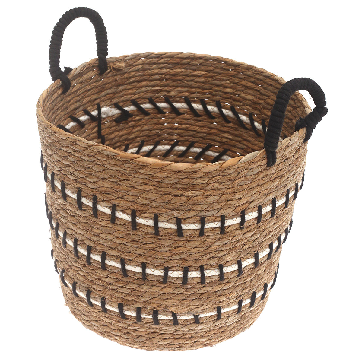 Large Natural Woven Storage Basket with Black & White Stripe Detail – 13.5 x 13.5 x 11.5 Inch - Habitt