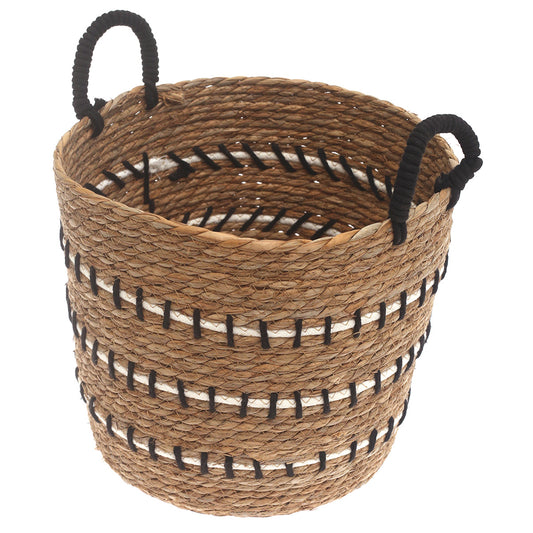 Large Natural Woven Storage Basket with Black & White Stripe Detail – 13.5 x 13.5 x 11.5 Inch - Habitt